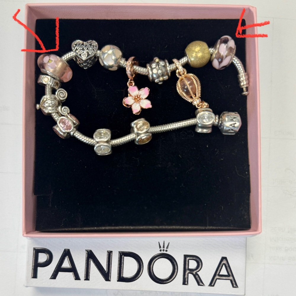 Two beads for the price of one
Pandora Pink, Lavender, Champagne Marono Glass